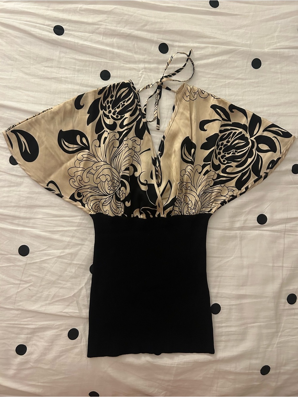 bebe Cream and Black Floral Silk Tie-Back Blouse
